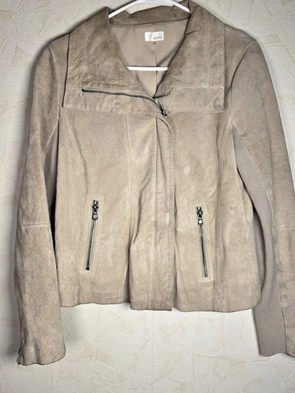 ECRU Tan Suede Leather Asymmetrical Moto Jacket Knit Panel Size Medium